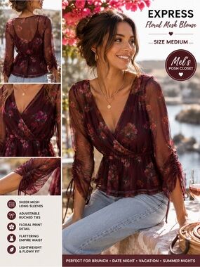 Express Maroon Floral Mesh Peplum Blouse Medium Romantic Coquette Top